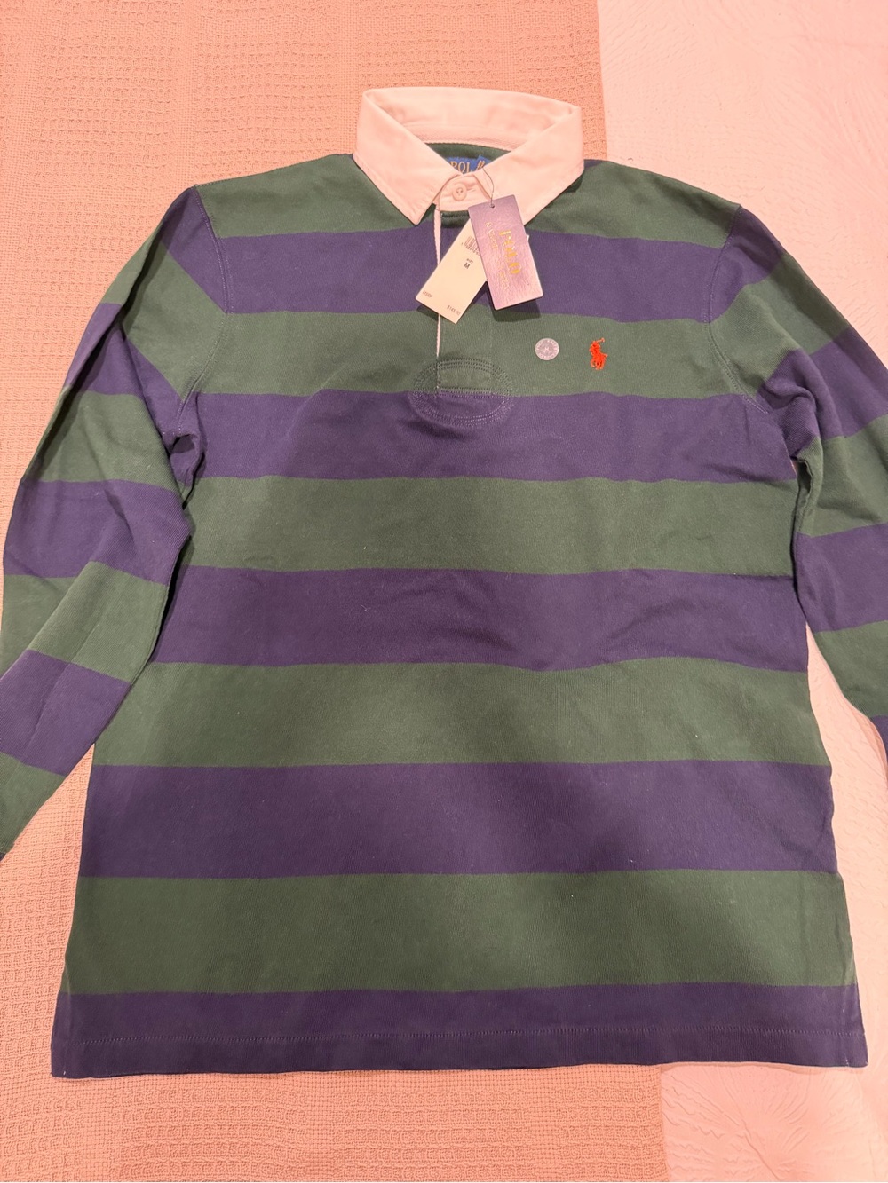 Ralph Lauren Boys Green & blueStriped Rugby Shirt with Pink Collar